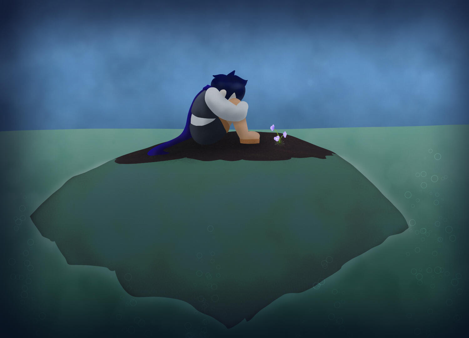 A.W.A.U. Point Blank A.W.A.U. Ace curled up hugging their knees to their face, they are sitting on a small island that appears to lightly glow in the teal water it is sitting in. A small patch of hardy geraniums sit in front of them on the dead looking ground.