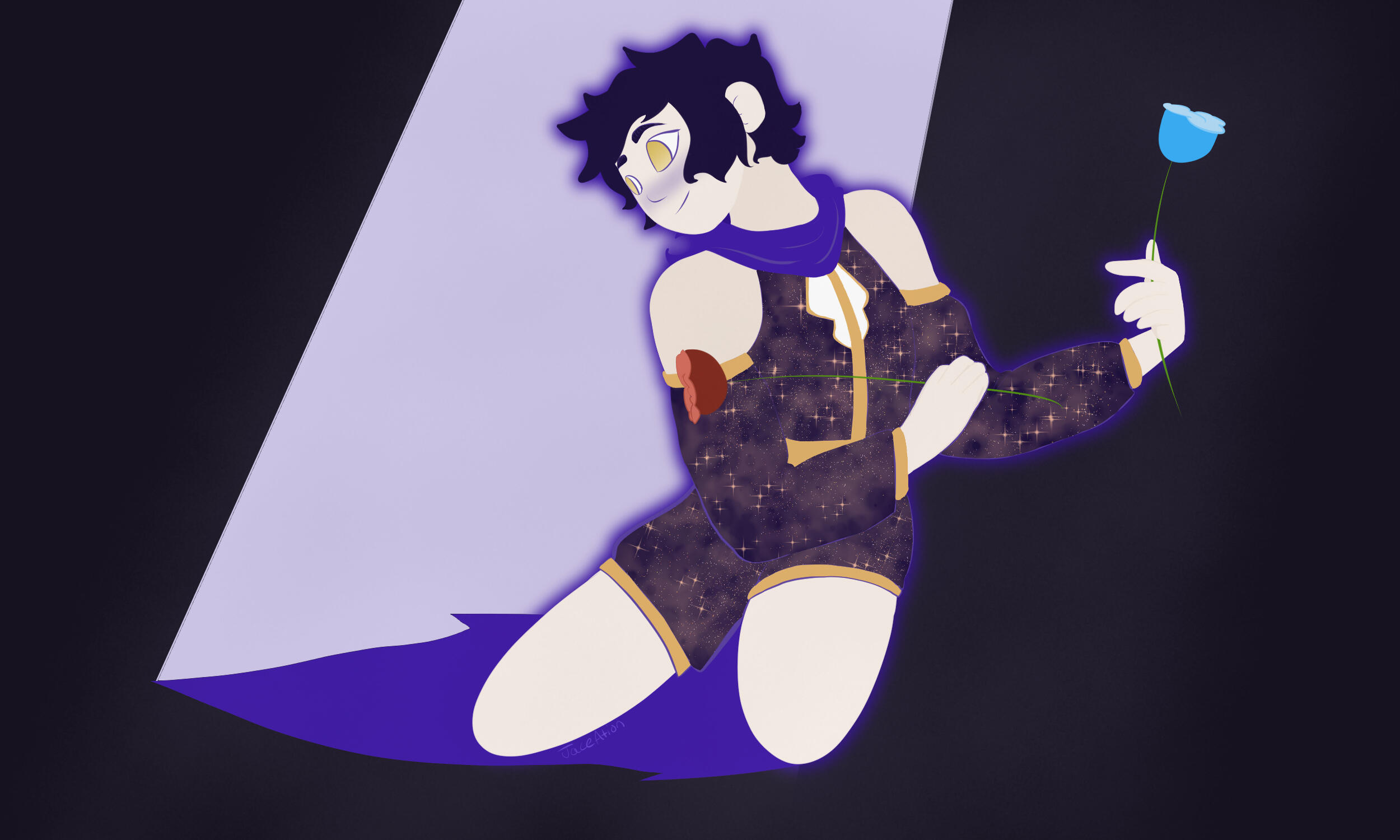 Daydreaming Jace JaceAtion's persona kneeling on the ground, holding a blue and red rose, under a beam of light. Their persona is wearing a space themed outfit with golden trimming and indigo scarf, with dark purple hair and yellow-golden-ish eyes.