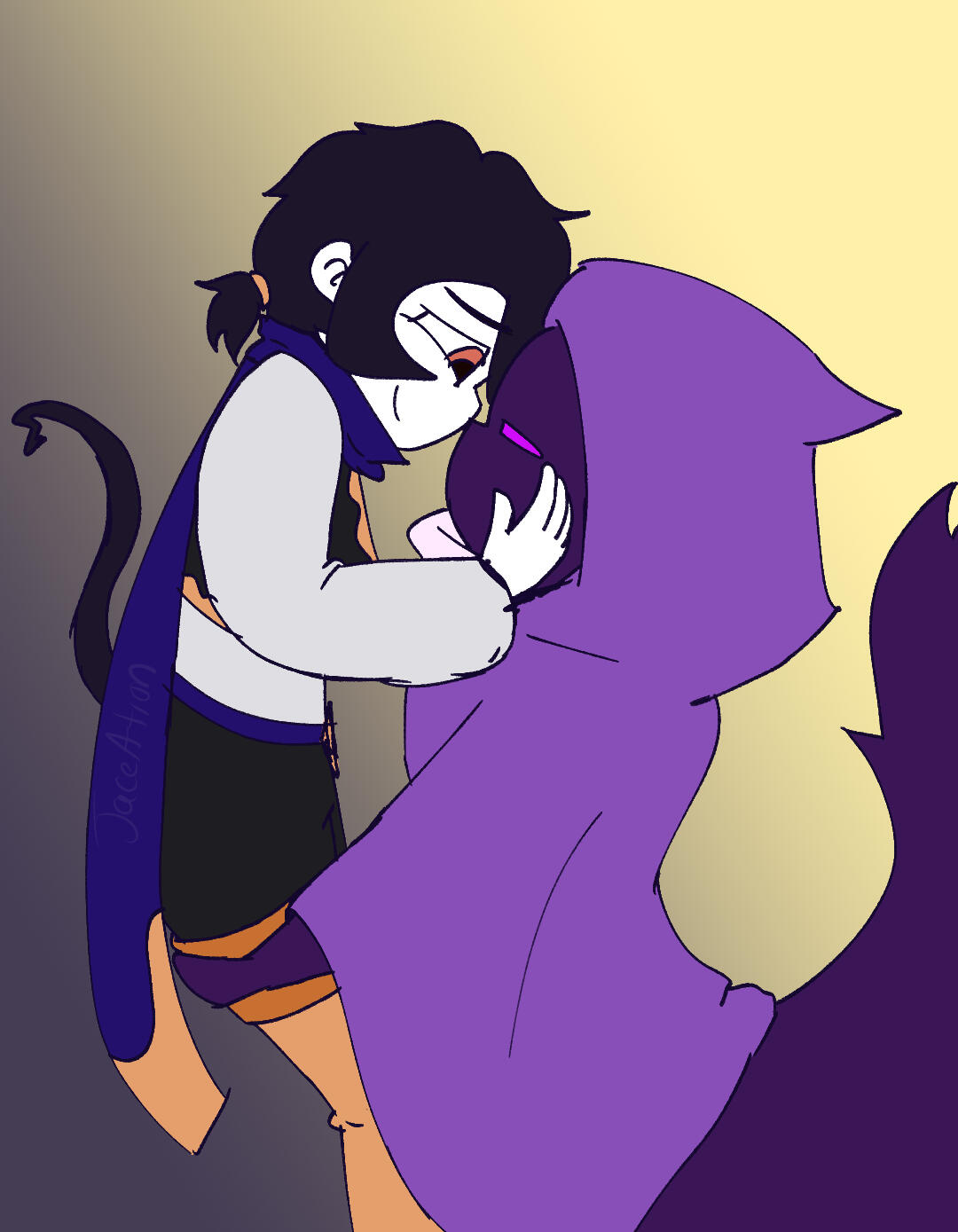 Ace being picked up by Prokaryote. Ace is holding Prok's face with softly and they are looking at each other lovingly.