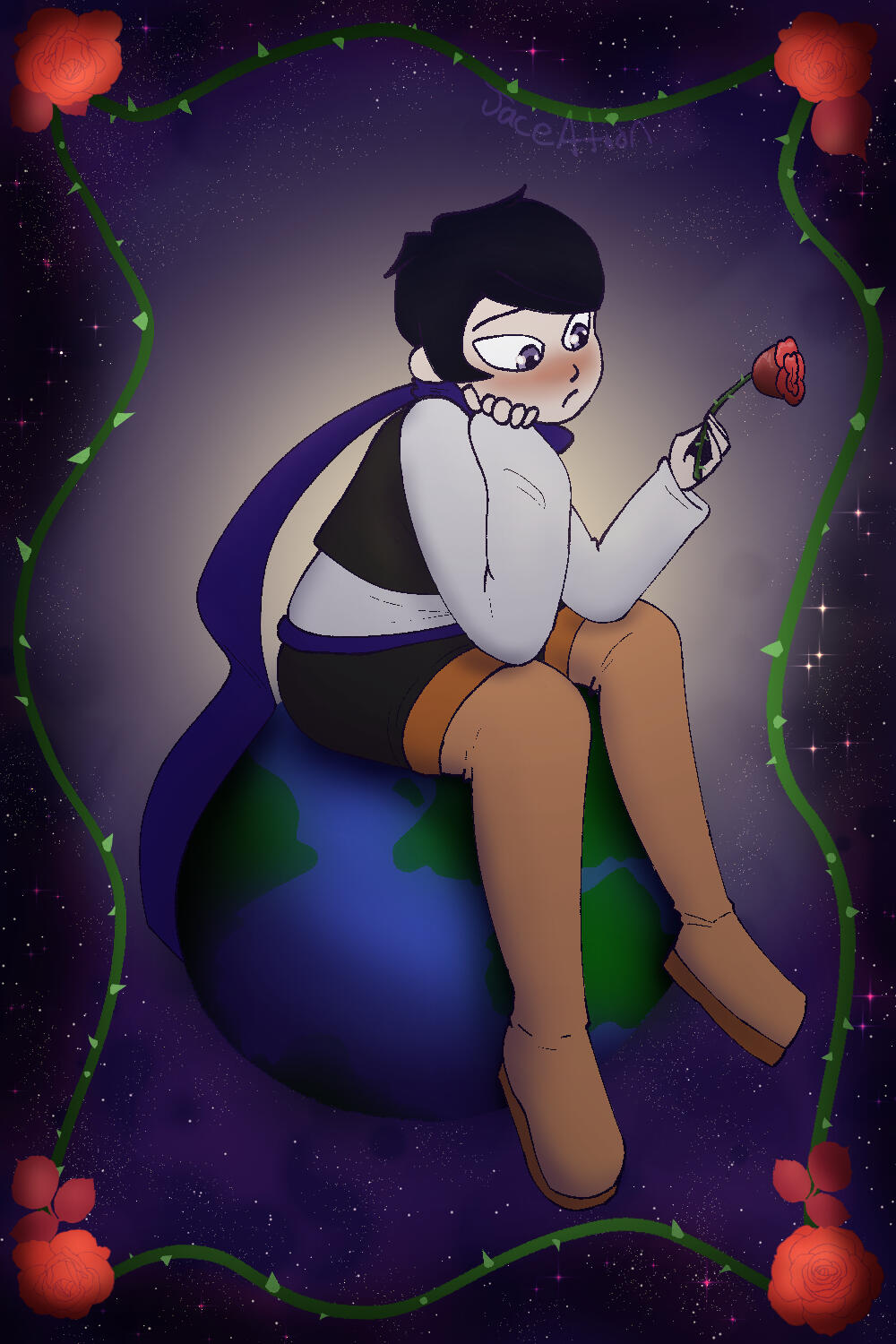 Ace from an alternate universe called Ace, 'What do you want?' / A.W.A.U. , a dark purple-haired character with pale pink skin, an indigo scarf, dark gray vest and shorts, and tall pale-orange boots, who is holding a red rose, sitting on the earth in space