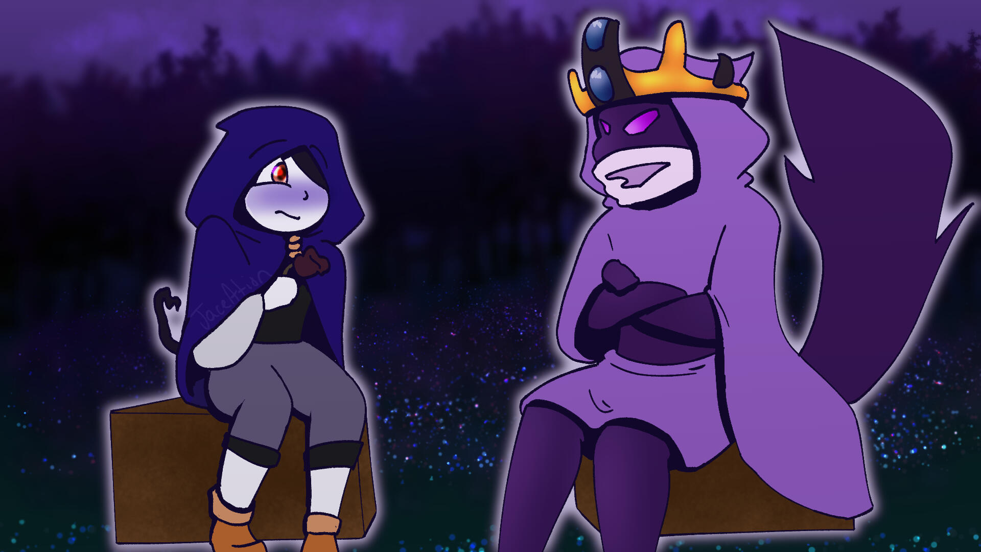 ProkAce at Fef's Goodbye Ace and Prokaryote sitting in a field of flowers in the evening, looking at each other nervously.