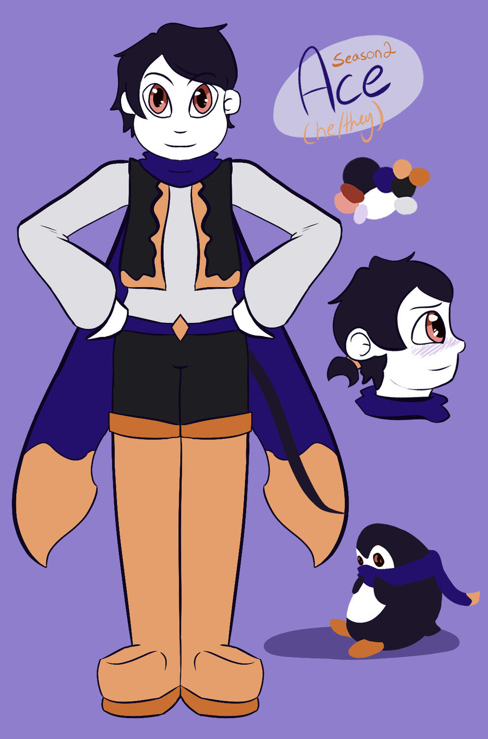 The final character design of Ace from Yokai S.M.P. . The character has very dark purple hair, white skin and light red-orange eyes. Most notably, they have an indigo scarf that they also where in a penguin form.
