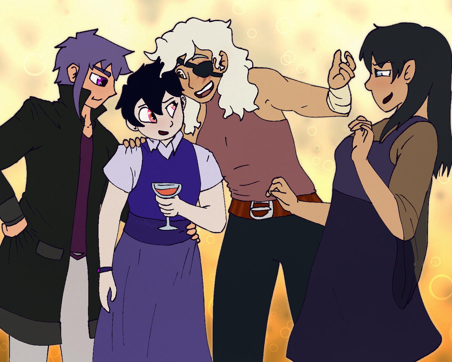 A.W.A.U. Human Prokaryote and A.W.A.U. Ace in different outfits than their usual outfits at a social event with two friends, River and Eclipse. They appear to be enjoying themselves.