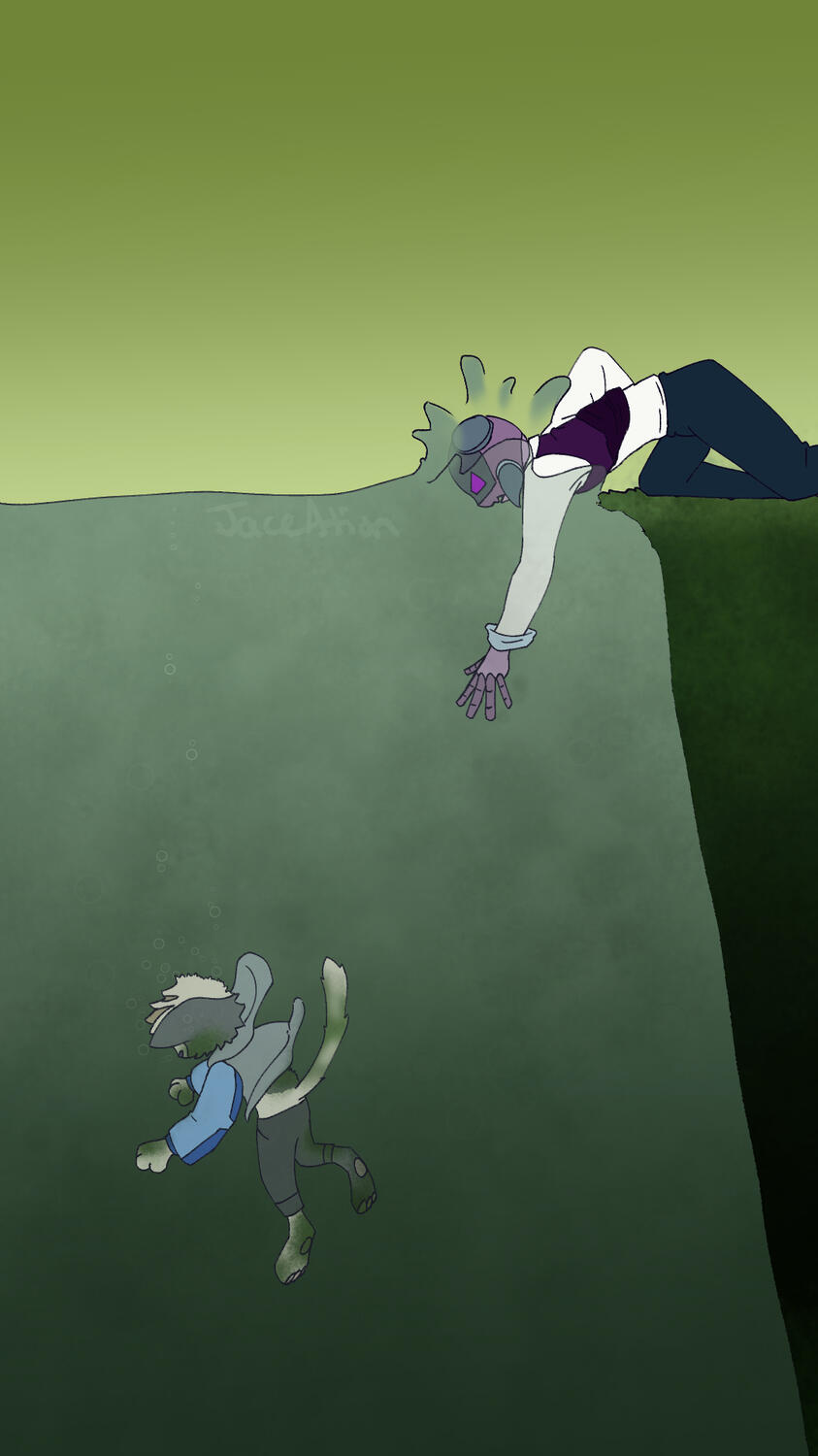 Ceeb reaching in green and murky water for their humanoid-cat friend Jack, who appears to be drowning and covered in moss.