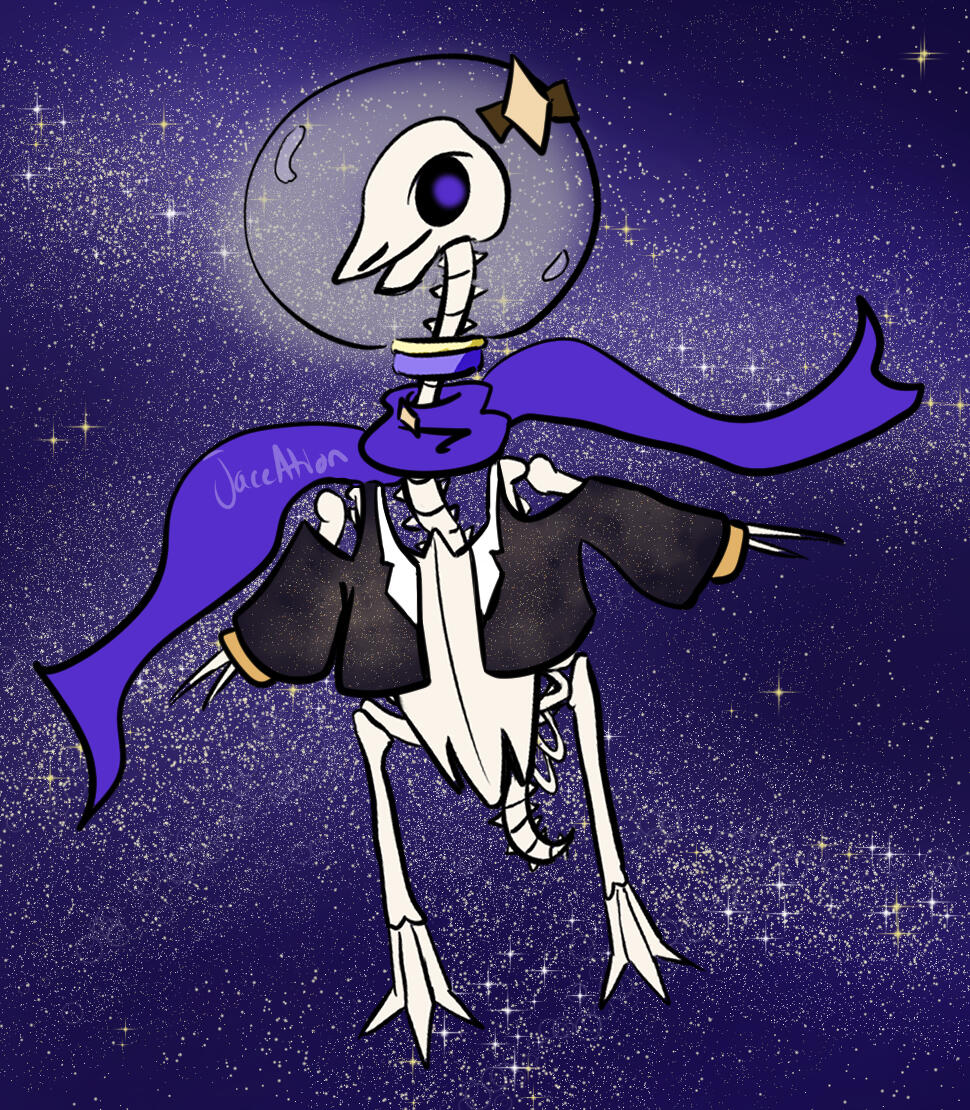 A skeleton of a penguin floating in space wearing an astronaut helmet, a purple scarf and a small jacket with yellow trim and a space pattern that is darker than the space background.