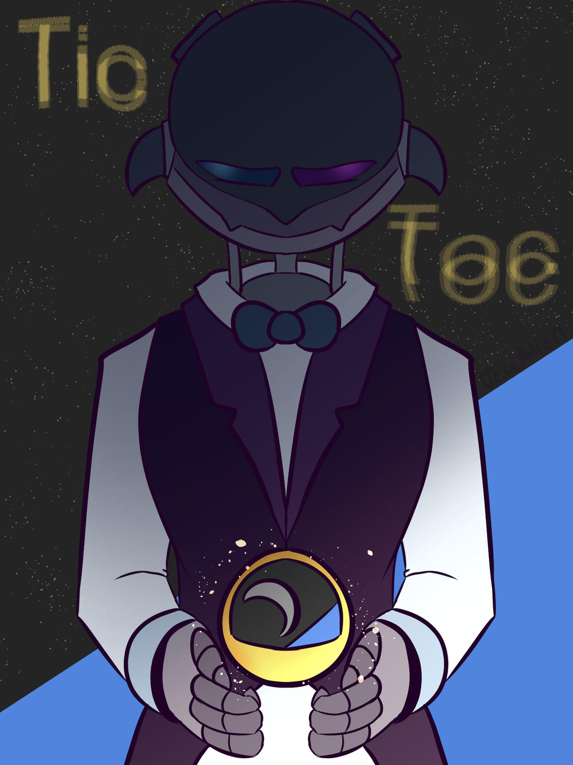 TicToc Ceeb Art Ceeb, a robot character, looking down at a Minecraft clock seeming sad. He has a blue eye and magenta eye on their screen face, and is wearing a white dress shirt, magenta vest and blue bowtie.