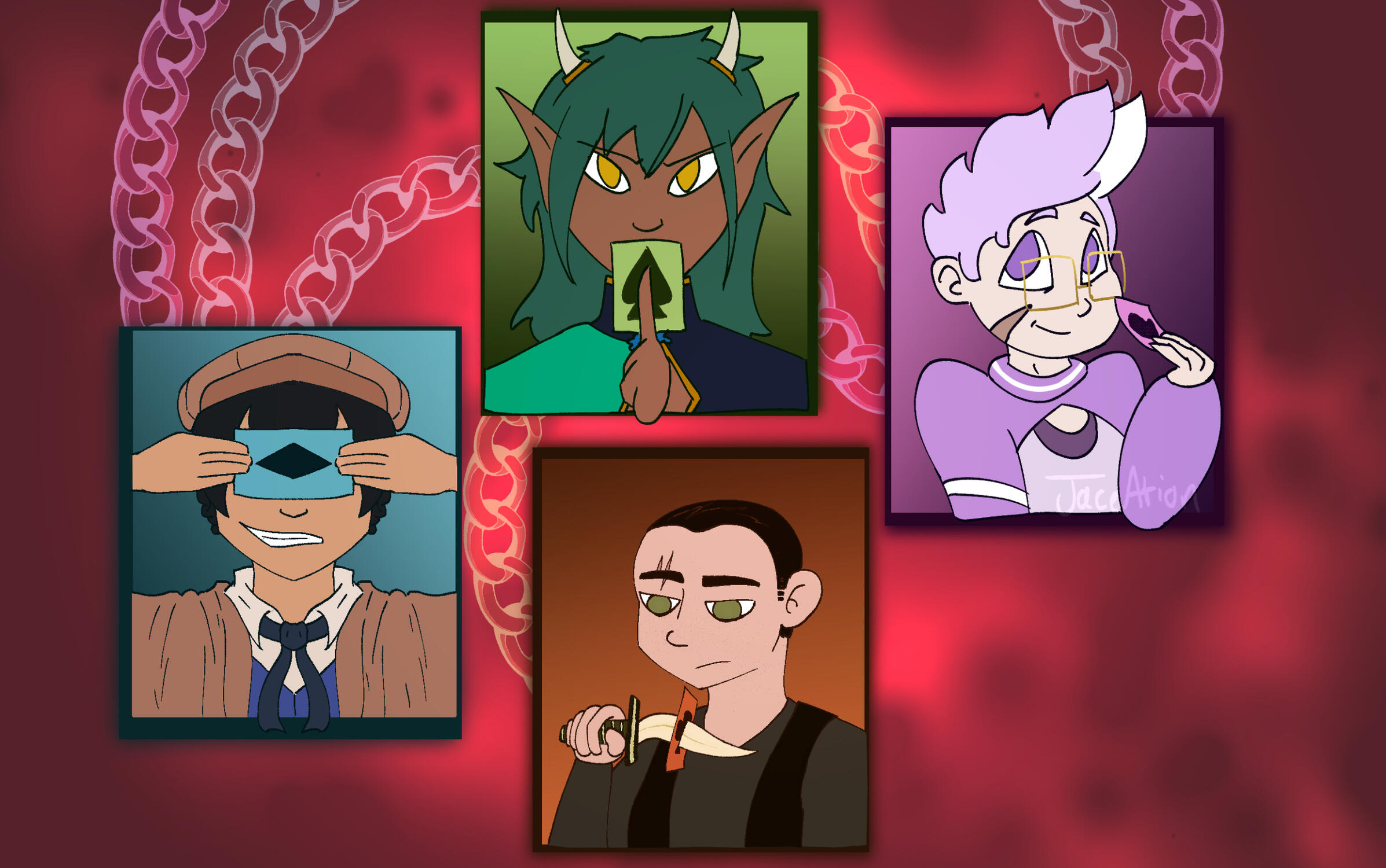 Four characters from A.W.A.U. holding different coloured cards (green, blue, orange and magenta) with different card symbols on them (spade, diamond, clubs and hearts) while being framed in boxes of the same colour in a particular pattern.