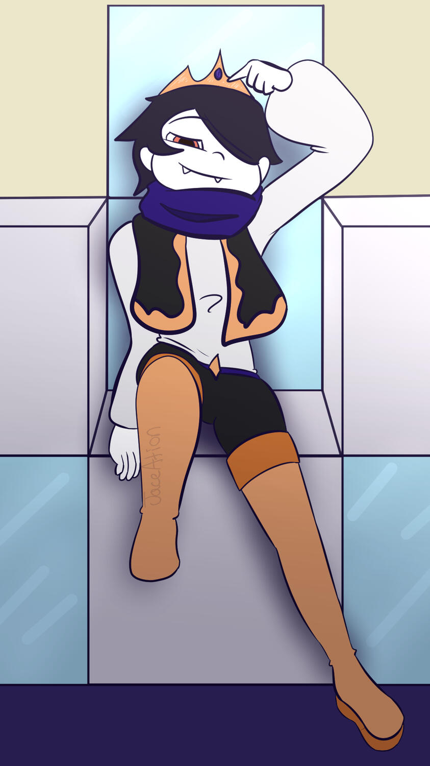 Ace Being Smug A very smug looking Ace. They are wearing an indigo scarf, dark grey vest with pale orange trim, a white dress shirt, dark grey shorts, long pale-orange boots (their usual outfit) and a crown.