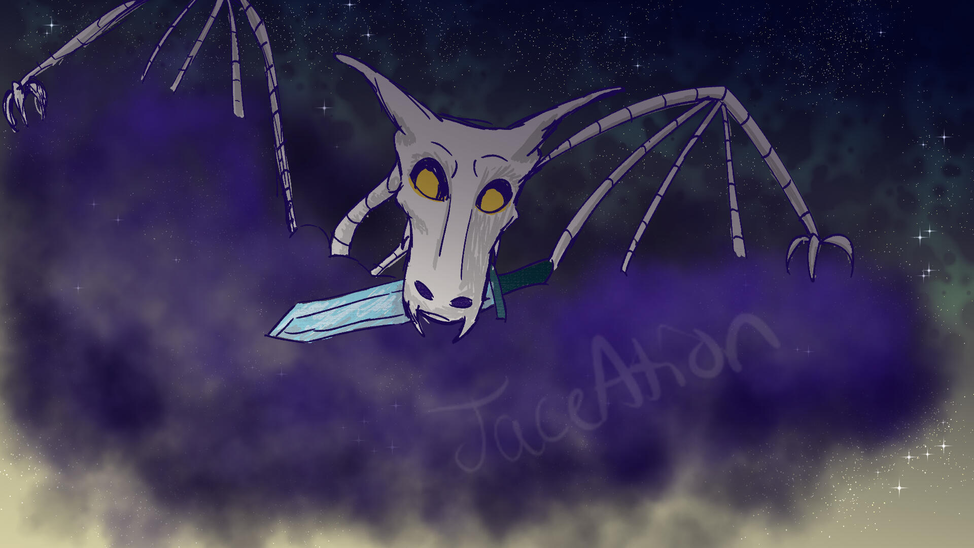 A living skeleton of a dragon with yellow eyes peaking over some kind of purple mist and holding a diamond sword in it's mouth.