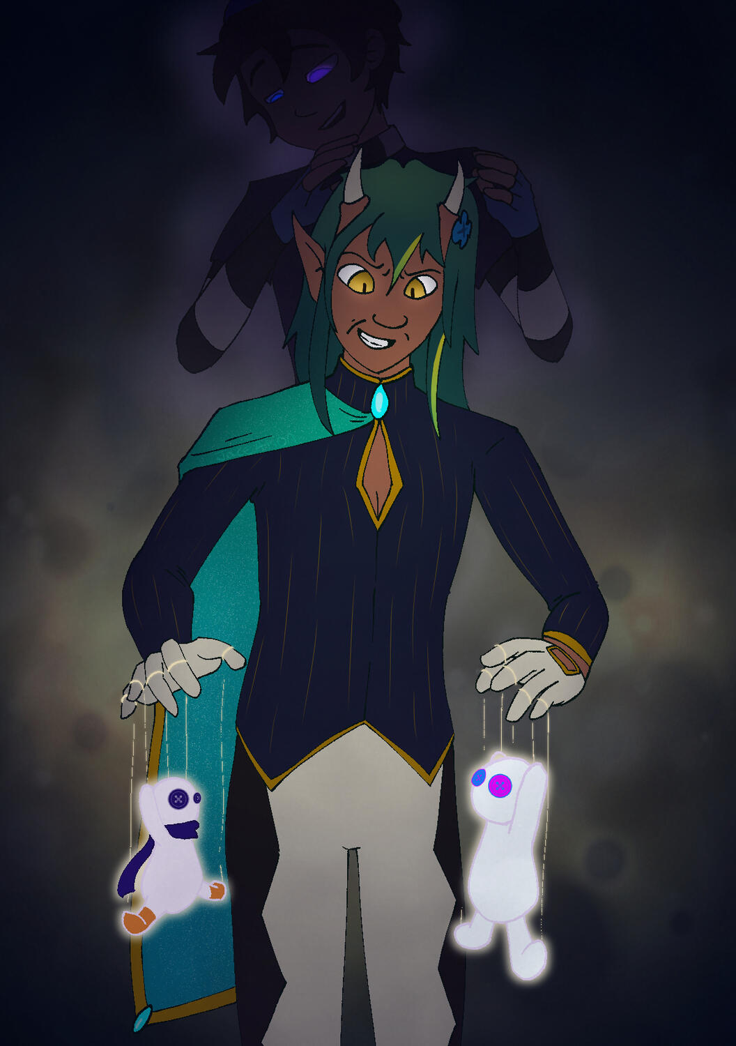A.W.A.U. Lock appears in darkness behind A.W.A.U. Alois who is manipulating puppets that look like A.W.A.U. Angel Caesyum and A.W.A.U. Ace.