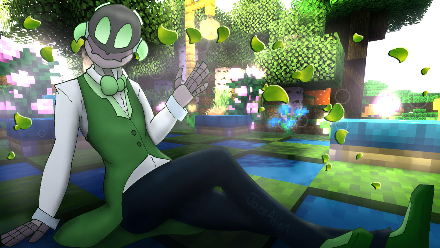 Ceeb, a robot character, in a soft green vest over a sunny Minecraft screenshot background that appears to be a picnic set up with a birch and oak forest around.