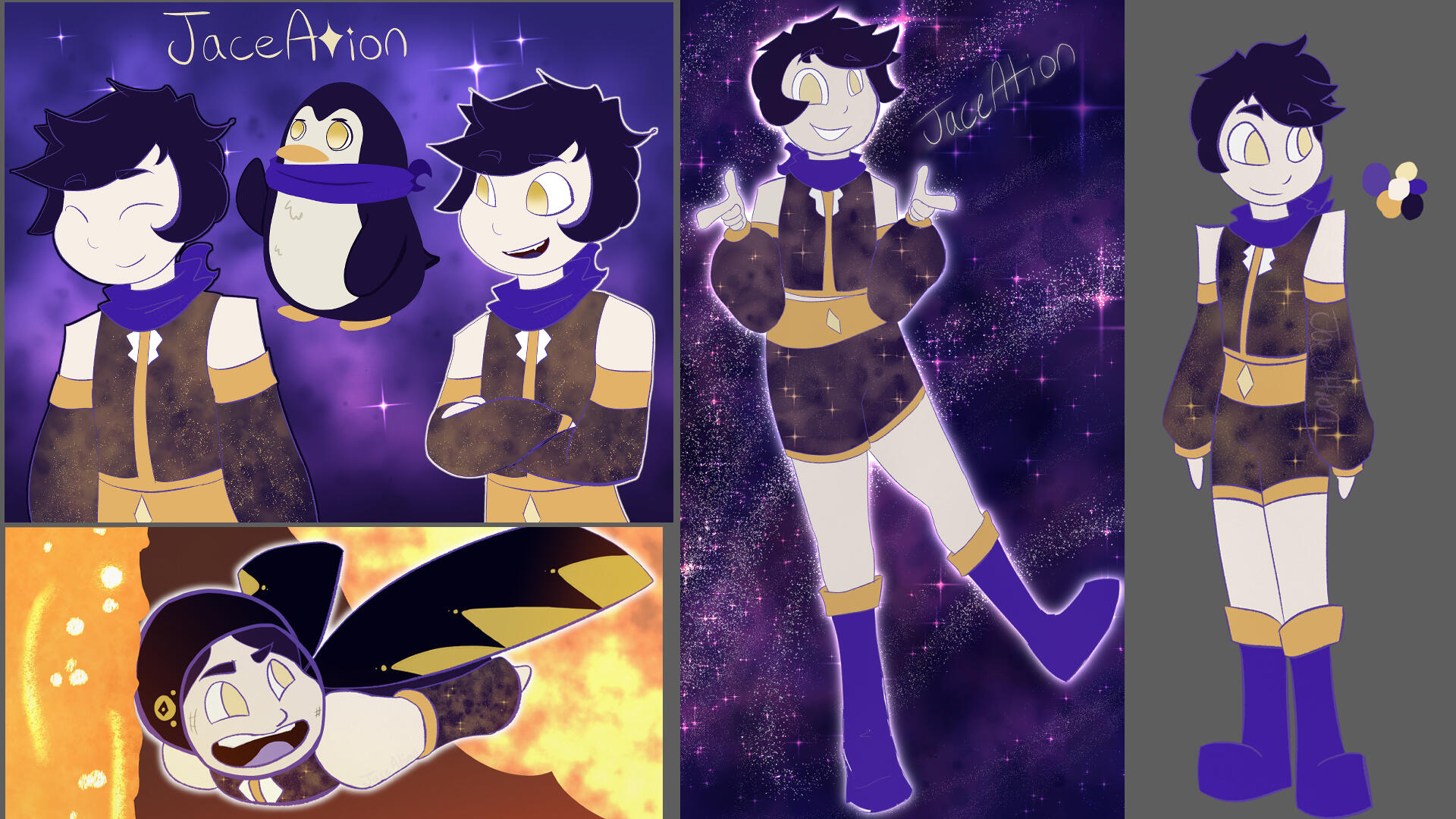 JaceAtion Reference Art Jaceation's persona reference sheet with four different images. Their persona is wearing a space themed outfit with golden trimming and indigo scarf, with dark purple hair and yellow-golden-ish eyes.