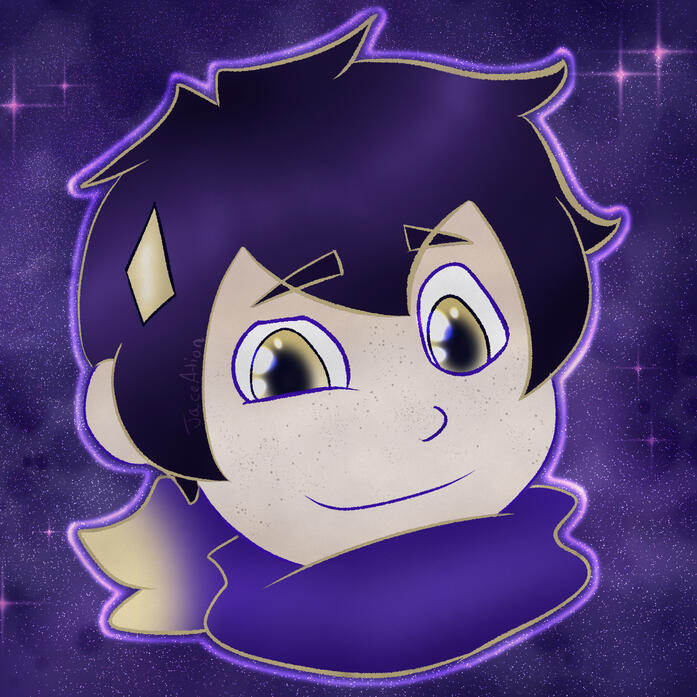 Jace's online persona. A white character with dark purple hair, yellow eyes and an indigo scarf.